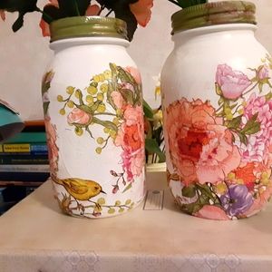 2 pc set Floral themed Mason Jar vases